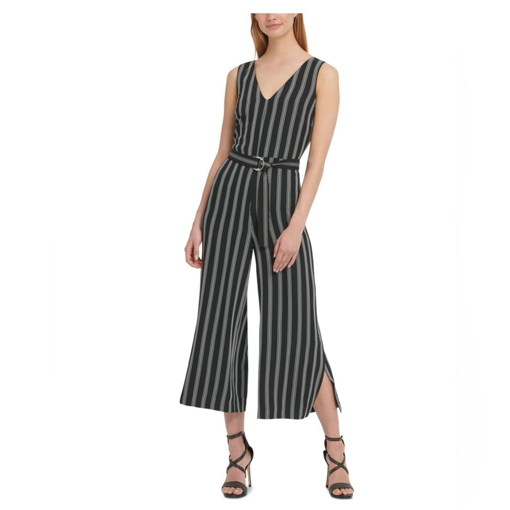 DKNY Women Black Striped Sleeveless V Neck Cropped Jumpsuit Size: 2